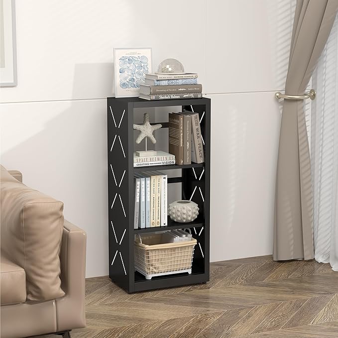 3 Tier Bookshelf, 34"Tall Metal Bookcase with Adjustable Shelves, Modern Display Book Shelf, Black Bookcase Shelf, Utility Shelf, Storage Shelves for Office, Living Room, Kitchen, Study-16"W
