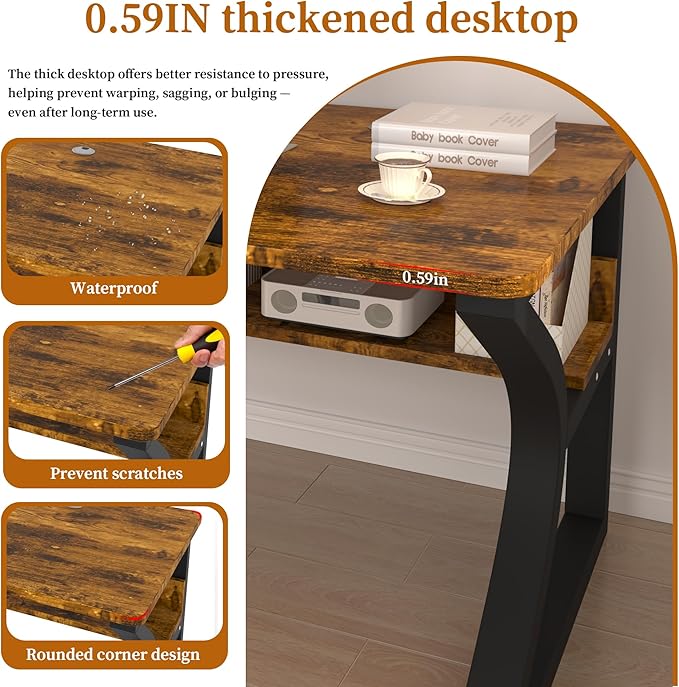 AZN Computer Desk, Computer Desk 55in, Office Desk w/Metal Frame & Storage, Office Desk for Study Writing Work Game, Home Office Desk Computer Desks w/Waterproof & Scratch-Resistant Surface, Brown