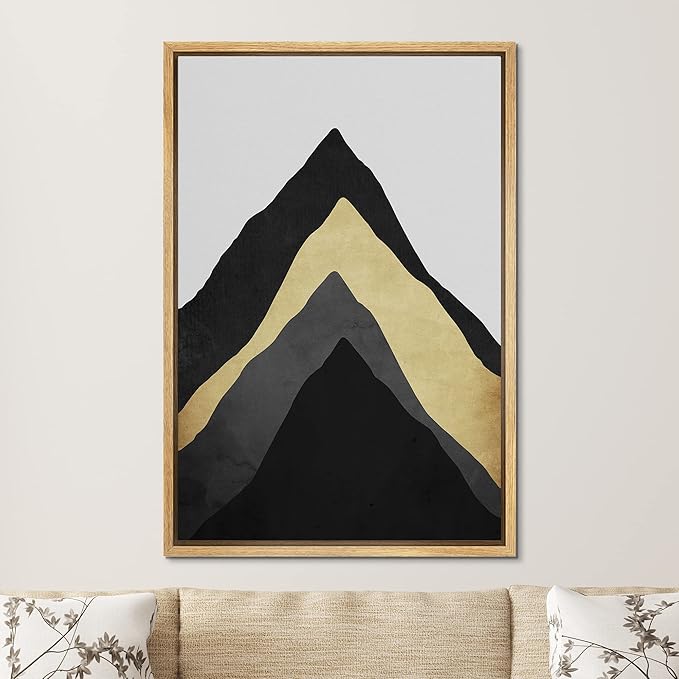 SIGNFORD Framed Canvas Print Wall Art Dark Gold & Gray Mountain Formations Abstract Wilderness Illustrations Modern Art Contemporary Scenic for Living Room, Bedroom, Office - 24"x36" Natural