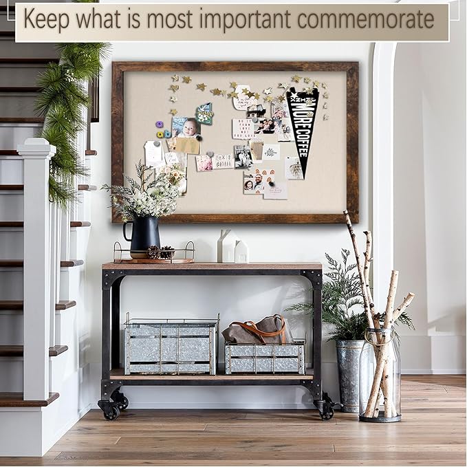 Large Magnetic Bulletin Board 43 x 31 Inch for Wall,Rustic Framed Cork Board with Linen for Home Office School,with 4 Push pins, 4 Magnets