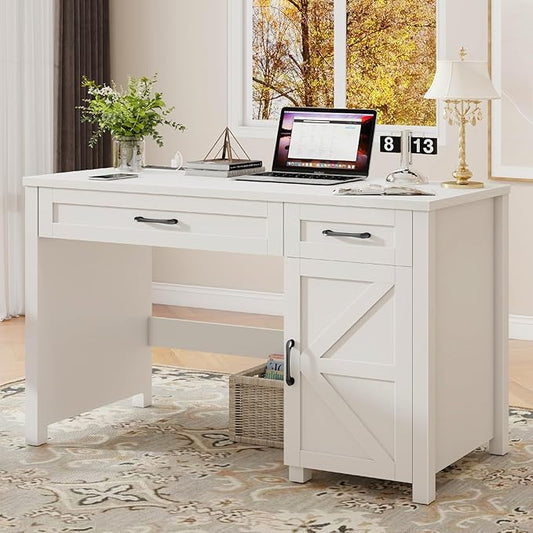 Farmhouse 47" Executive Desk, Computer Desk with Drawers and Storage Cabinet, Workstation Computer Desk for Home Office and Study.(Cream White)