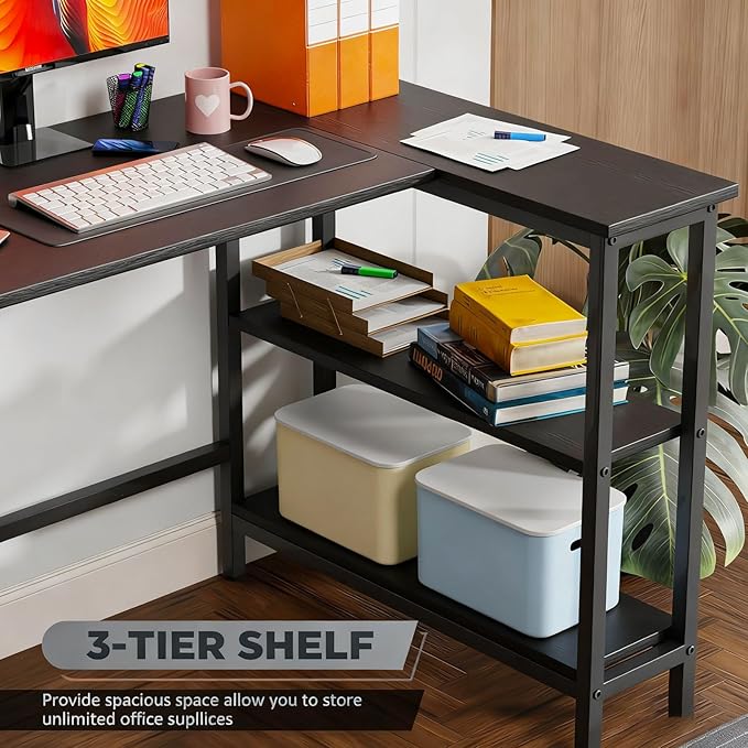43Inch Corner Computer Desk, Gaming Desk with Reversible Storage Shelves Left/Right,Small L Shaped Desk with 2-Tier Shelves & Adjustable Feet Pad for Home Office Gaming (43 Inch)