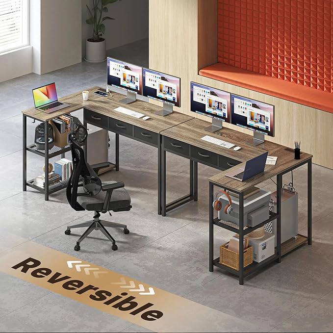 Gizoon 53 Inch L Shaped Computer Desk with Drawers, Corner Desk with Power Outlets & Reversible Storage Shelves with CPU Stand and 2 Hooks for Home Office Gaming (Grey)