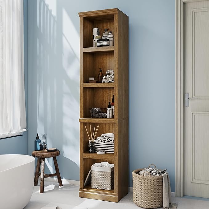 70" Tall Bookcase, Oak Narrow Floor Standing Bookshelf, 5 Tier Shelves Open Storage Organizer, Book Case for Living Room Hallway Kitchen Home Office Bathroom, Vintage Oak- 5 Tier