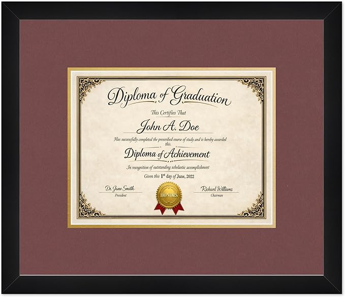 Diploma Frame Matte Black with Dark Red Over Gold Double Mat - Fits 11 x 8.5 US Letter Certificate Wall Display Made in the USA