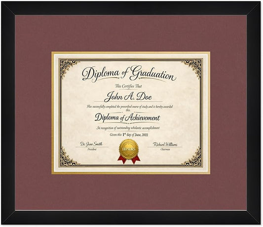 Diploma Frame Matte Black with Dark Red Over Gold Double Mat - Fits 11 x 8.5 US Letter Certificate Wall Display Made in the USA