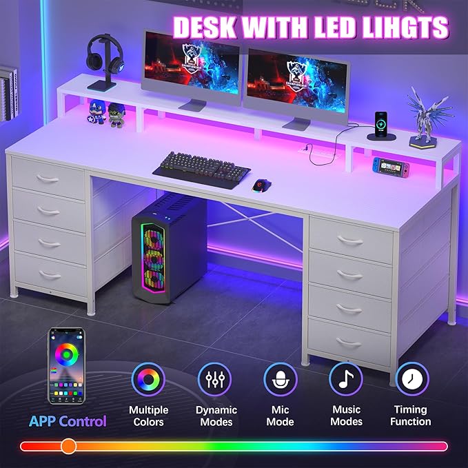 60 Inch Computer Desk with 8 Fabric Drawers, Gaming Desk with LED Lights & Power Outlets, Home Office Desk with Monitor Stand, White