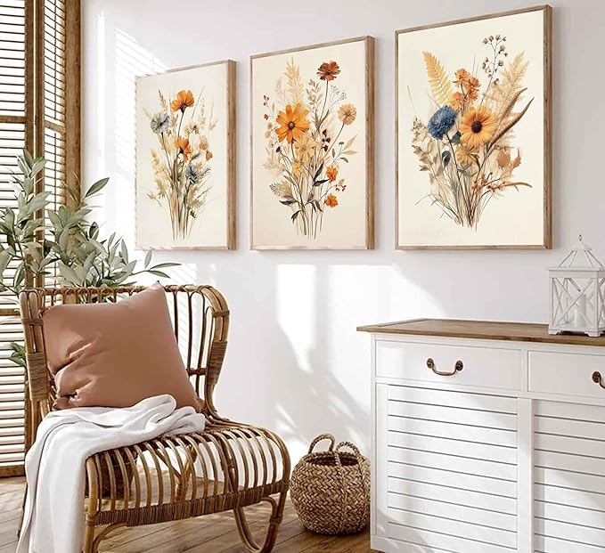 3Pcs Vintage Wildflower Canvas Wall art Country Farmhouse Watercolor Flower Botanical Painting Pictures Wall Decor Floral Poster Print Artwork for Bedroom Living Room Girls Room Decoration Unframed