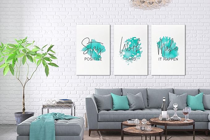 SHMAO Teal Office Canvas Wall Art Motivational Wall Decor, 3 Piece Stay Work Make Print Pictures for Office Wall Decor Women Inspirational Framed Artwork Home Office Decor 20”x30”x3 Panels