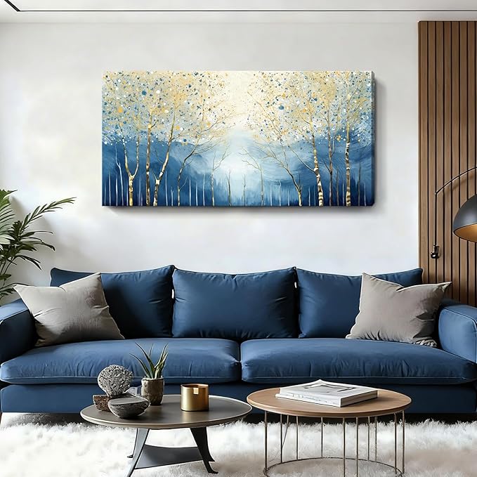 amatop Large Abstract Wall Art for Living Room Modern Tree of Life Canvas Art Print Nature-Inspired Navy Blue Wall Decor Landcape Artwork Birch Forest Picture Bedroom Office Dining Entryway 48x24 Inch