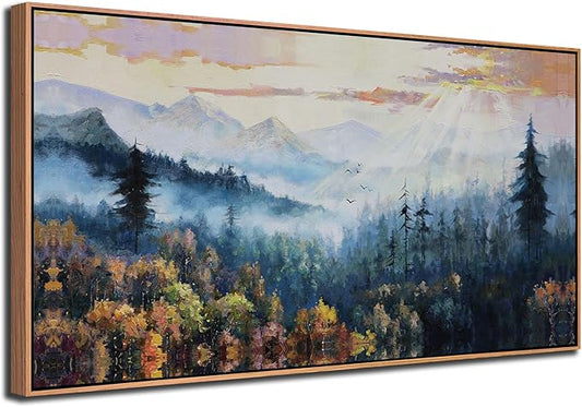 Arjun Forest Landscape Framed Wall Art Canvas, Misty Nature Wall Art for Living Room Painting Tranquil Scenery Tree Picture Artwork for Bedroom Office Home Wall Decor, Large 40"x20"