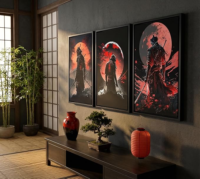 3pcs Japan Samurai Canvas Wall Art Japanese Bushido Posters Prints Paintings Japanese Style Full Moon Ninja Wall Decor Pictures for Living Room Bedroom Home Artwork Decoration Unframed