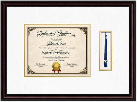 Diploma Frame with Tassel Holder 20.25 x 15 Executive Brown Shadowbox Oyster Shell Over Gold Mat - Fits 10 x 8 Degree Made in the USA