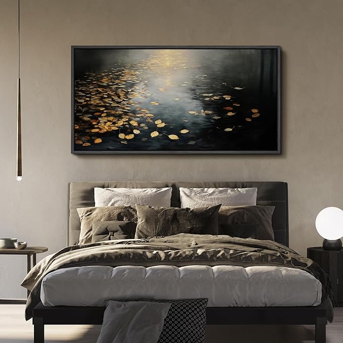 SIGNFORD Extra Large Framed Canvas Print Wall Art Moody Water Reflection with Floating Leaves Illustrations Modern Art Calm Warm for Living Room, Bedroom, Office - 60"x30"