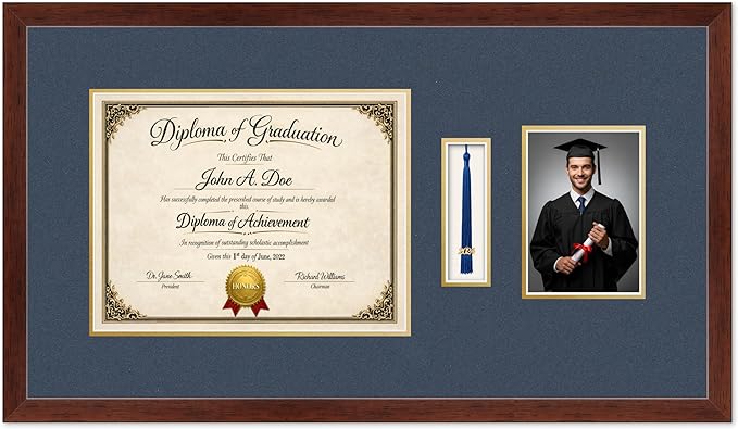 Diploma Tassel and Photo Frame Rustic Walnut Shadowbox Navy Blue Over Gold Mat - Fits 13 x 10 Degree Picture Made in the USA