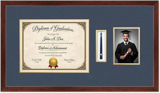 Diploma Tassel and Photo Frame Rustic Walnut Shadowbox Navy Blue Over Gold Mat - Fits 13 x 10 Degree Picture Made in the USA