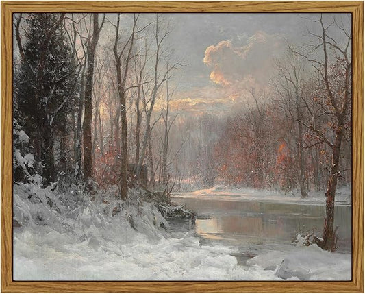 ARPEOTCY Vintage Framed Canvas Wall Art, Christmas Wall Art, Landscape Snow Stream River Tree Cloud Prints Room Decor, Farmhouse Paintings for Living Room Bedroom, 8x10in
