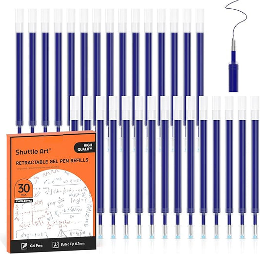 Shuttle Art Retractable Gel Pen Refills, 30 Pack Blue Rollerball Gel Ink Pens Refills, Bulk Set, 0.7mm Fine Point for Writing Journaling Taking Notes School Office Home