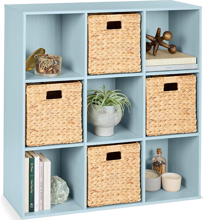 Best Choice Products Kids Bookcase 9-Cube Storage Organizer, 13.5in Shelf Opening, Bookshelf, Toy Storage, Customizable w/ 3 Removable Back Panels – Light Blue