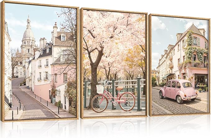 Ausril Italy Pink Cityscape Framed Canvas Wall Art Set, Romantic Flower Street Wall Decor, Vintage Travel City Wall Painting, Italian Pink Bike Art Prints for Living Room, Bedroom, Office - 24"X36"X3