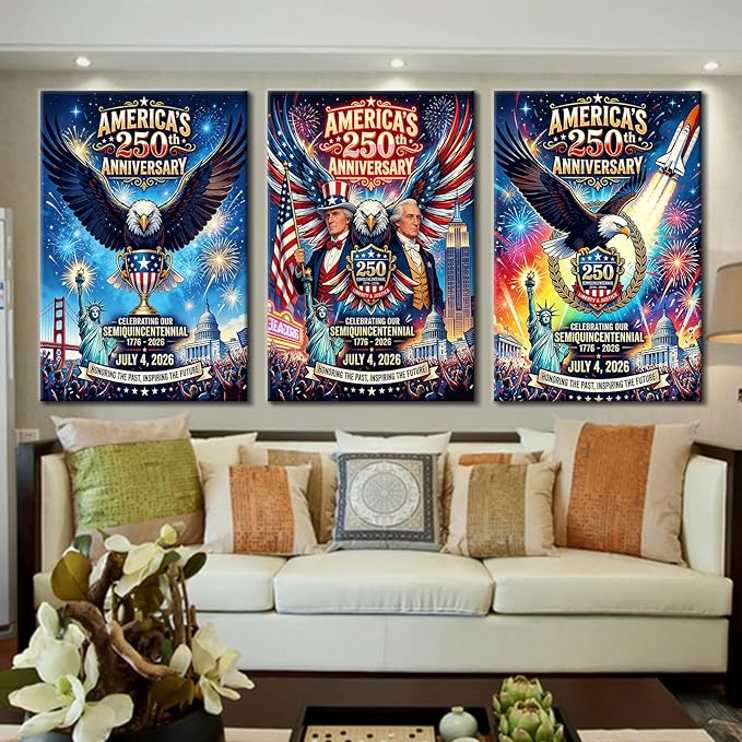 DINGFUN Patriotic Wall Decor 3 Piece Canvas Art, 1776-2026 America's 250th Anniversary Semiquincentennial Framed Large Painting, USA Historical Celebration Print for Living Room, 72x36 Inch