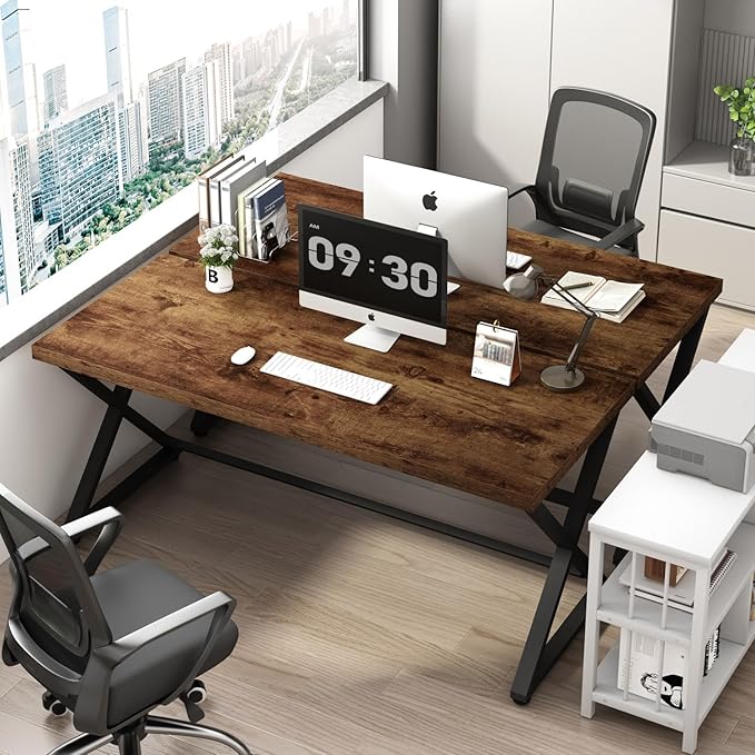IBF Rustic Computer Desk, Industrial 47” Home Office Desk, Farmhouse Wood Metal Work Desk for Writing Study, Vintage Minimalist Executive Workstation PC Gaming Table in Bedroom, Rustic Brown