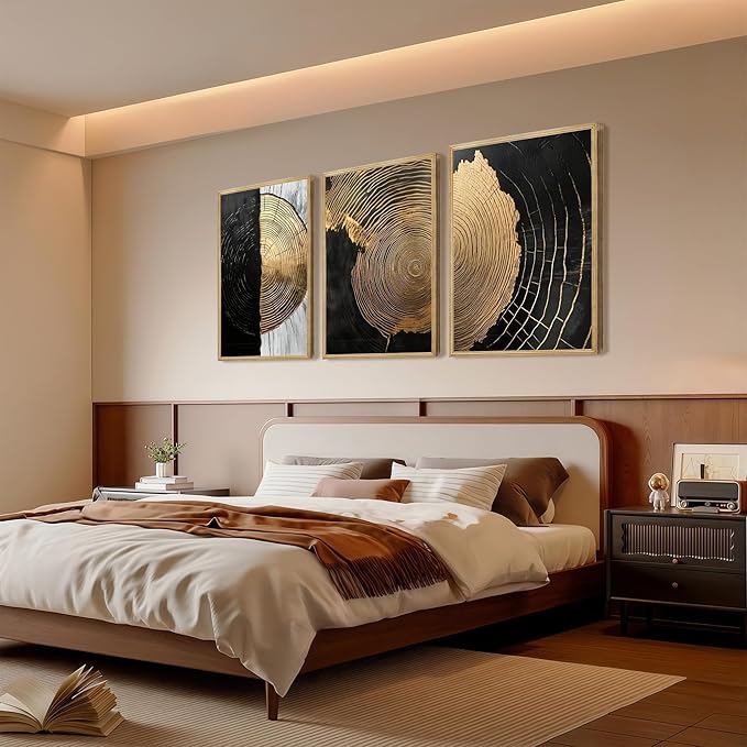 3Pcs Minimalist Abstract Black Golden Wall Art Vintage Tree Ring Wall Decor Pictures Modern Rustic Canvas Posters Prints for Living Room Office Hallway Home Decoration 12x16in Unframed