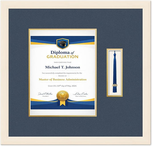 Diploma Frame with Tassel Holder Coastal Whitewash Shadowbox Navy Blue Over Gold Mat - Fits 8.5 x 11 Degree Made in the USA