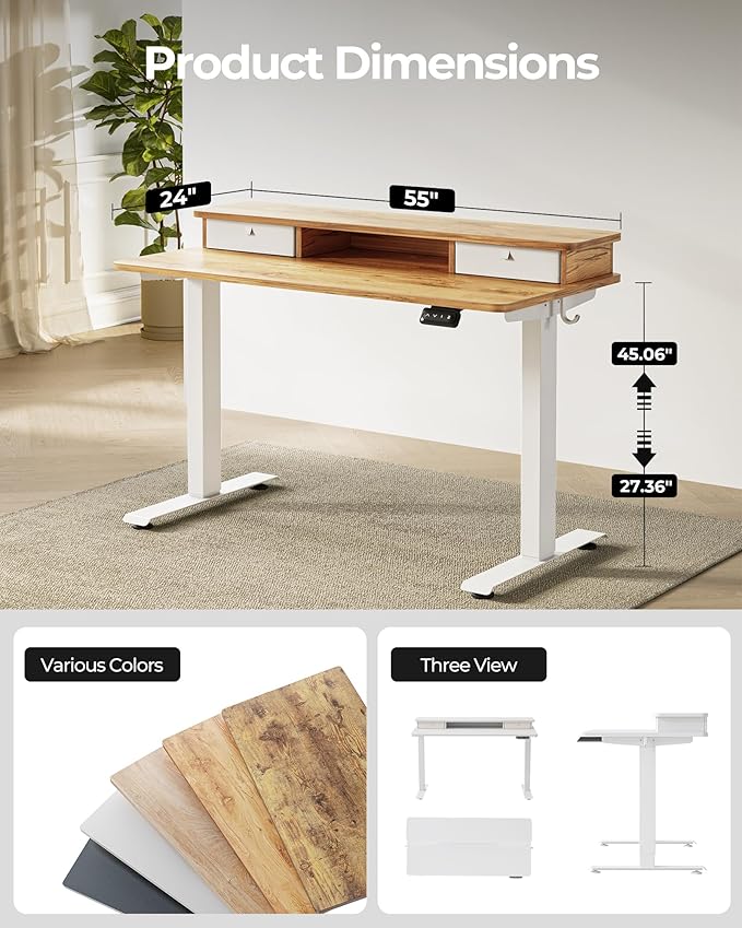 FEZIBO 55 x 24 Inch Height Adjustable Electric Standing Desk with Double Drawer, Stand up Desk, Home Office Computer Workstation with 4 Height-Adjustable Feets & 2 Hooks, Light Rustic