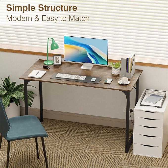 FDW 47 inches Computer Desk/Home Office Desk/Writing Study Table/Modern Simple Style PC Desk with Metal Frame,Brown