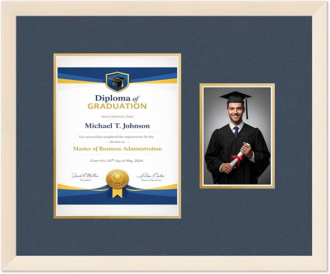 Diploma Frame With Photo Opening Coastal Whitewash Navy Blue Over Gold Mat - Fits 8.5 x 11 Degree and Picture Made in the USA