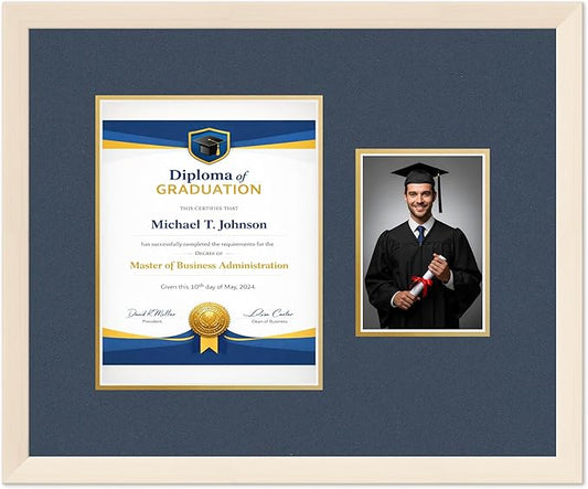 Diploma Frame With Photo Opening Coastal Whitewash Navy Blue Over Gold Mat - Fits 8.5 x 11 Degree and Picture Made in the USA