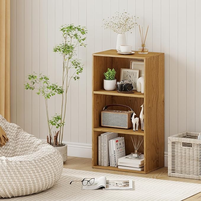 Giantex 3 Shelf Bookcase, Modern Bookshelf Cube Storage Organizer, Open Storage Cabinet Multi-Functional Home Office Bedroom Furniture Display Bookcases, Natural