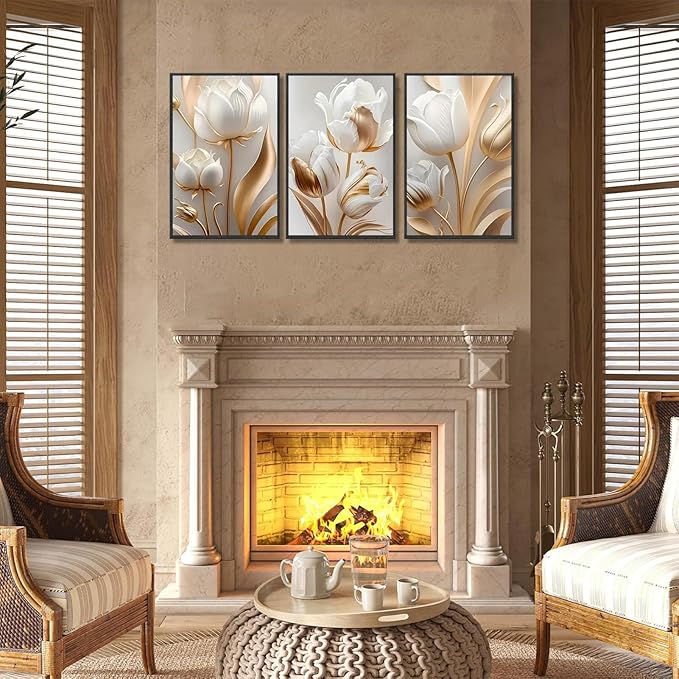 3Pcs Vintage Minimalist Floral Wall Art White Gold Abstract flowers Wall Decor Pictures Modern Luxury Poster Prints tulip Plants Painting Artwork for Office Home Decoration 12x16in