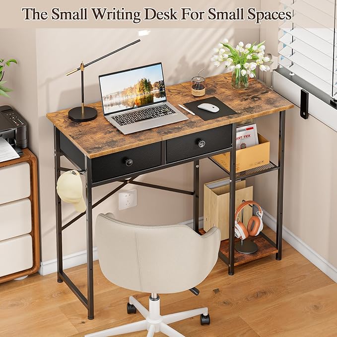 Small Computer Desk, 36 Inch Writing Desk with Drawers & Storage Shelves, Home Office Writing Desk for Small Spaces, Bedroom, Living Room, Dorm, Rustic Brown