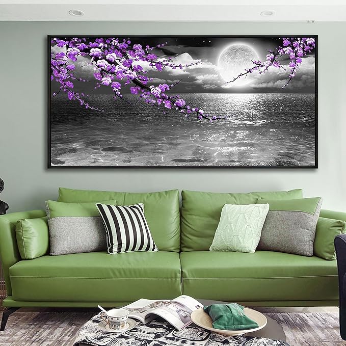 yiijeah Extra Large Paintings for Living Room - Purple Wall Decor Plum Blossom Moon Ocean Canvas Picture Framed Artwork Black and White Seascape Wall Art Home Bedroom Decoration