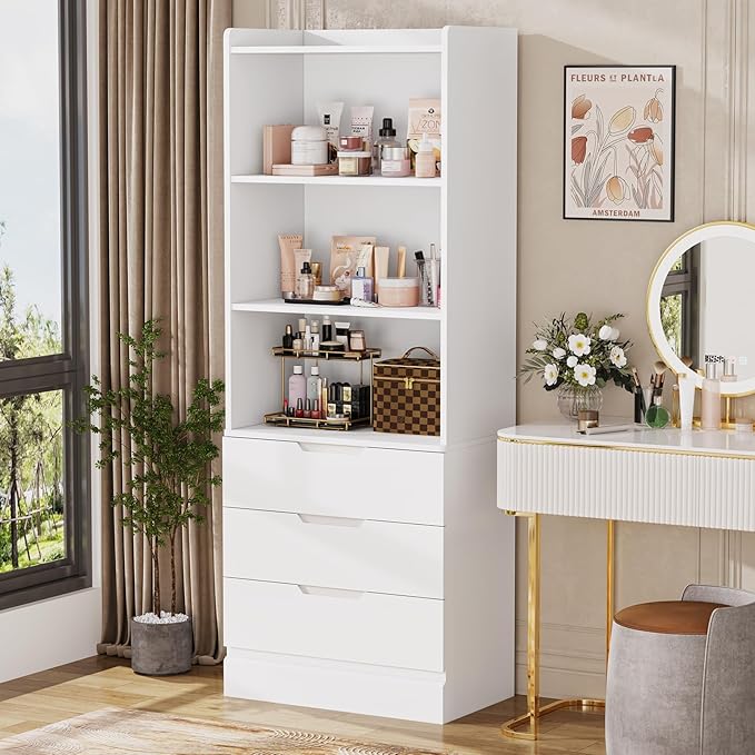 DICTAC Bookcase Set of 2 with 3 Drawers 73.23'' White Bookshelf Storage Cabinets with Shelves and Drawers Kitchen Pantry with Microwave Stand,Storage Organizer for Living Room,Office,Study, Bathroom