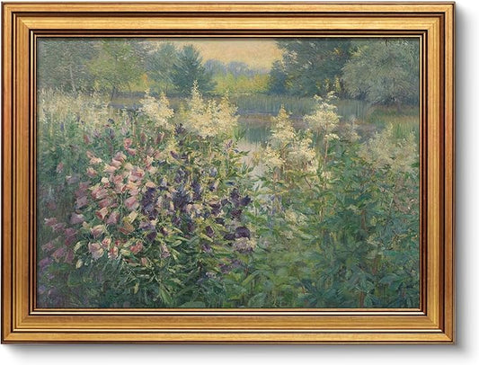 VIYYIEA Vintage Gold Framed Wall Art for Living Room, Landscape Canvas Prints Home Decor, Oil Painting Picture, Bedroom Wall Decor Gifts for Friends or Family -【Canterbury Bells】-(16L x 12W)