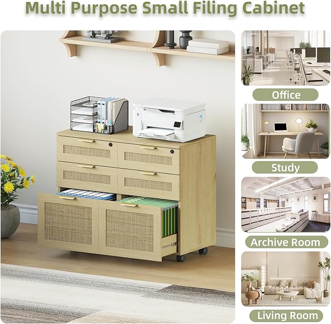 HOPUBUY 3 Drawer File Cabinet with Lock, Rattan File Cabinets with Wheels, Small Filing Cabinet for Hanging A4/Letter/Legal/F4, Rolling Wood Filing Cabinets for Under Desk Home Office, Natural Wood