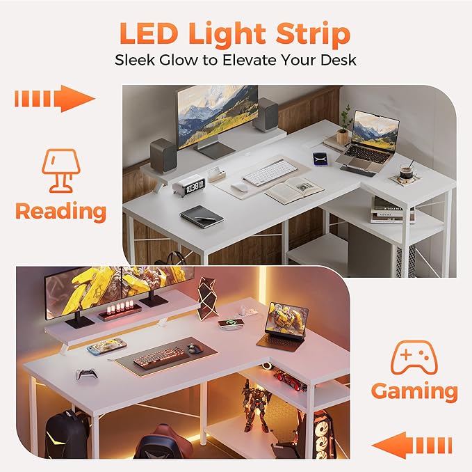 Mericonia Small L Shaped Computer Desk with Power Outlets, Reversible Gaming Desk with Storage Shelves & Monitor Stand, Corner Gamer Desk Table, Study Writing Table