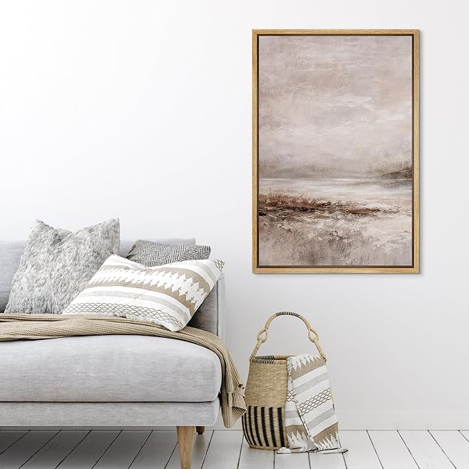 SIGNFORD Framed Canvas Print Wall Art Morning Mist over Shallow Shoal Illustration Minimalism Decorative Colorful Mid-Century for Living Room, Bedroom, Office - 16"x24" NATURAL