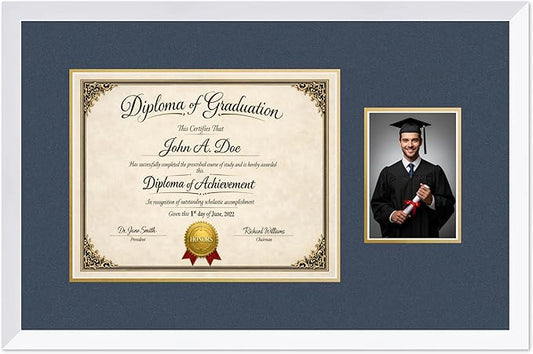 Diploma Frame With Photo Opening Bright White Navy Blue Over Gold Mat - Fits 14 x 11 Degree and Picture Made in the USA