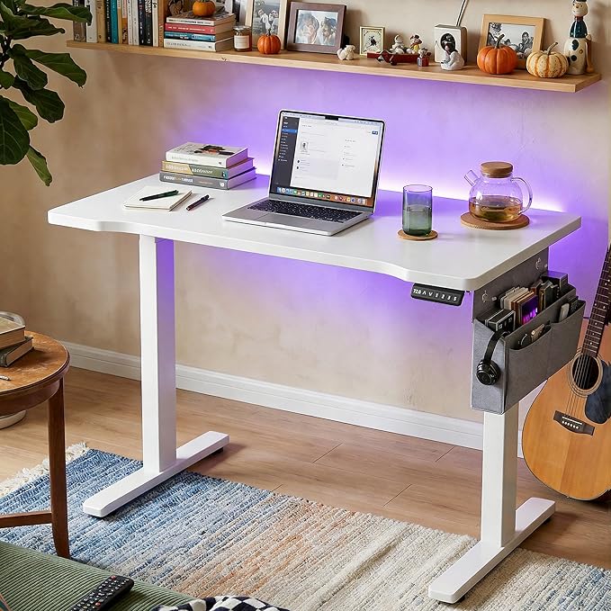 EnHomee Standing Desk with RGB Lights,Adjustable Gaming Desk 48 x 24 Height,Computer Desk with 3 Memory Presets & Ergonomic Curved Top,Sit Stand Office Desk with Storage Bag & Hook,White