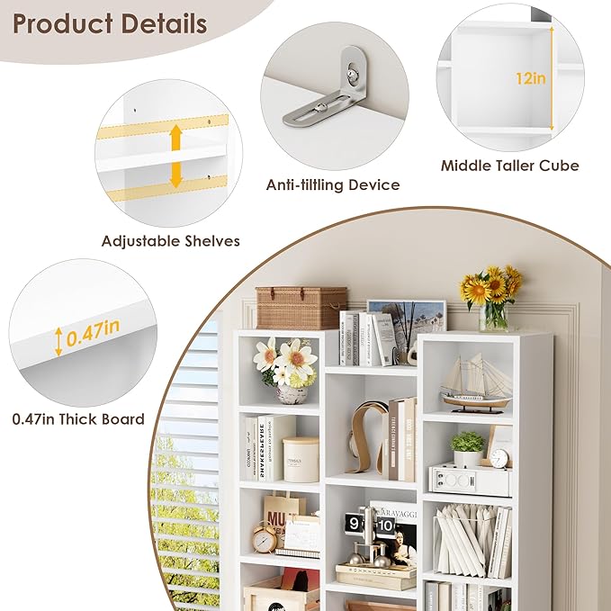 FOTOSOK 71'' White Bookshelf with 21 Cubes, 8 Tier Triple Wide Tall Bookshelf with 8 Adjustable Shelves, 35" Large Bookcase DVD/CD Media Tower Storage, Freestanding Display Shelf Cabinet, White