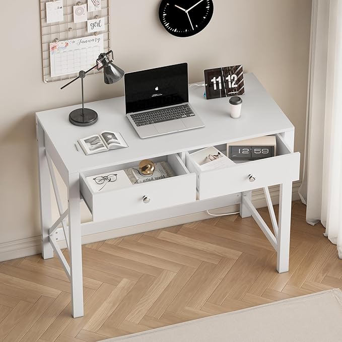 WiberWi Home Office Desk with Drawers, White Modern Writing Computer Desk with Power Outlets, Small Makeup Vanity Table for Bedroom, Study Table for Home Office
