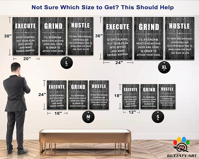 Office Wall Art - 3 Panel Motivational Wall Art, Inspirational Quotes Canvas Art for Home Office Wall Decor, Positive Quotes Wall Decor, Entrepreneur Grind Hustle Execution Poster Frame (12”x24”x3Pcs)