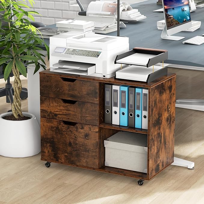 Giantex 3 Drawer File Cabinet, Office Storage Cabinet Fits Files Letter, A4, Legal Size, Rolling Printer Stand with Adjustable Shelf, Office Organization and Storage, Lateral Filing Cabinet (Brown)
