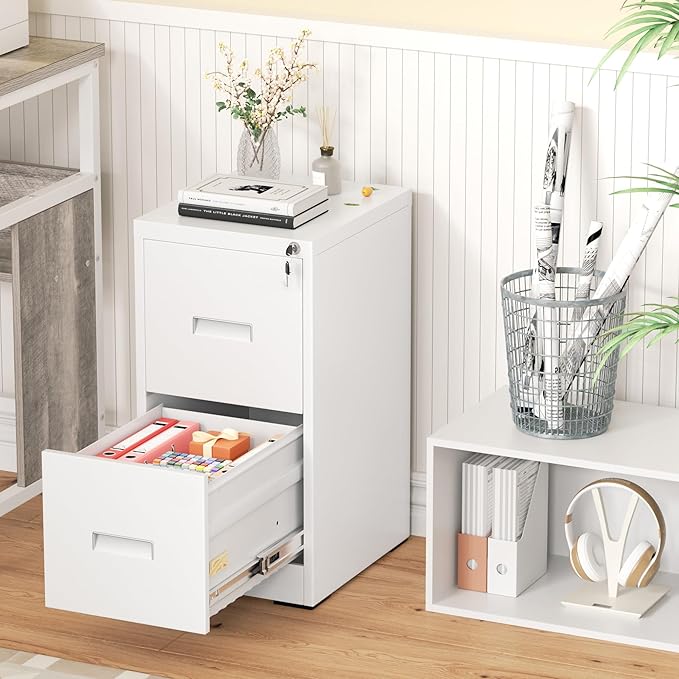 Greenvelly 2 Drawer File Cabinet with Lock, Metal Filing Cabinet for Home Office, Locking Vertical File Cabinet for Home Office, Easy Assemble (White)