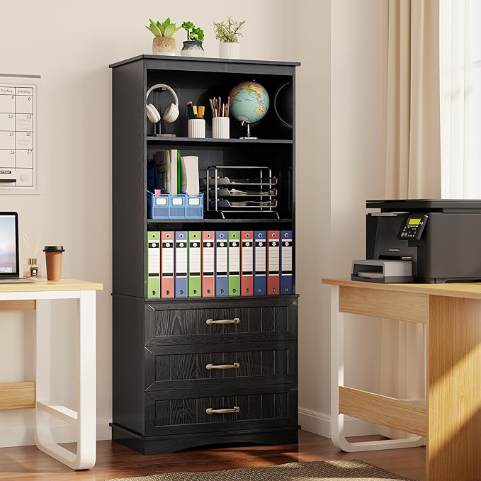 Gizoon 70'' Tall Bookcase with 3 Drawers Wooden Bookshelf with Storage Cabinet Multifunctional Book Storage Organizer for Office Living Room and Bedroom，Black