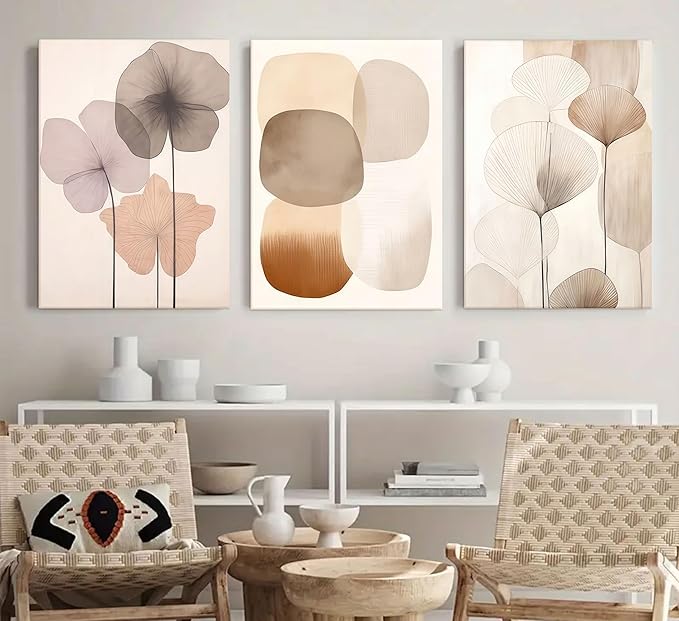 3pcs Neutral Beige Wall Art Abstract Botanical Canvas Prints Modern Simple Flower Paintings Poster Wabi-sabi Geometric Wall Decor Boho Plant Pictures For Bedroom living room Framed